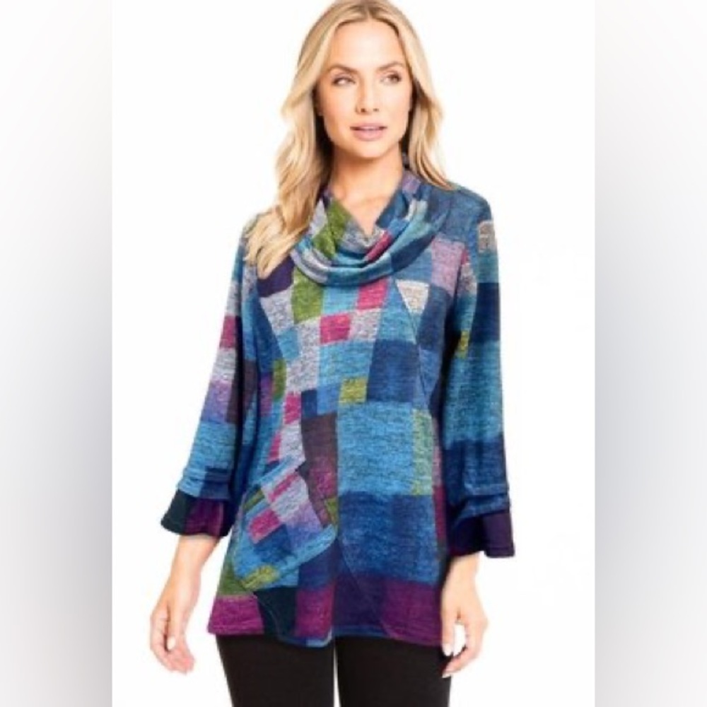 Damee Smudged Colorblock Cowl Neck Tunic Sweater Small